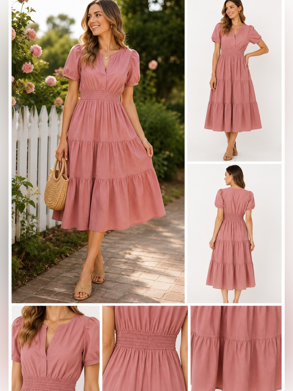 Dusty Rose Tiered Midi Dress Puff Sleeve Smocked Waist Cottagecore